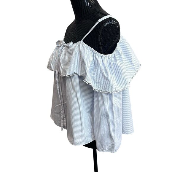 Jonathan Simkhai Top Sz XS Striped Ruffle Off The Shoulder 3/4 Sleeve Blue White - Picture 4 of 10
